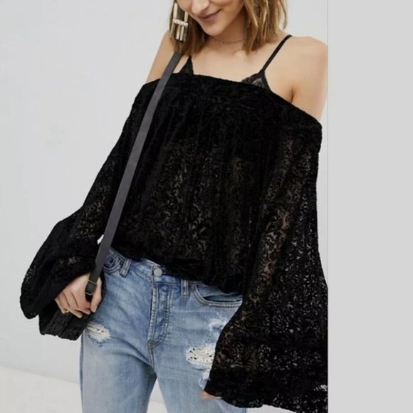 Free People Ginger Berry burnout velvet off the shoulder top black XS - Picture 12 of 12